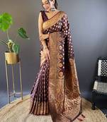 Maroon zari woven Banarasi silk blend saree with unstitched blouse piece
