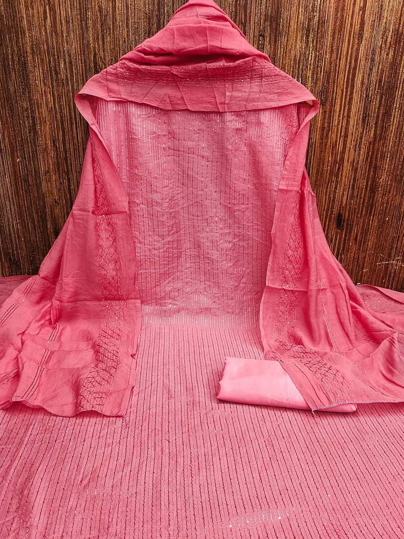 Peach chanderi cross head thread work sequins embellished striped unstitched dress material with dupatta