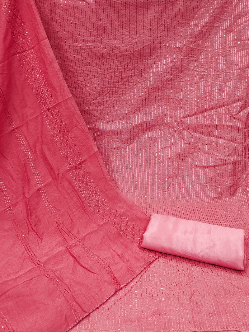 Peach chanderi cross head thread work sequins embellished striped unstitched dress material with dupatta