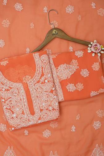 hand embroidered orange georgette lucknowi chikankari unstitched suit piece 