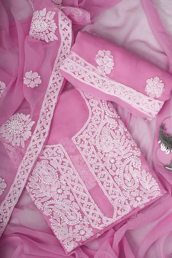 hand embroidered pink georgette lucknowi chikankari unstitched suit piece