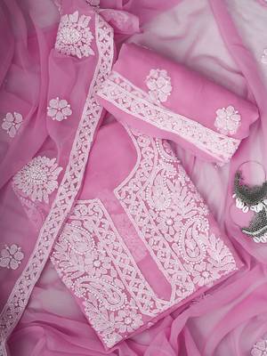 hand embroidered pink georgette lucknowi chikankari unstitched suit piece 1