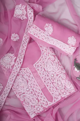 hand embroidered pink georgette lucknowi chikankari unstitched suit piece