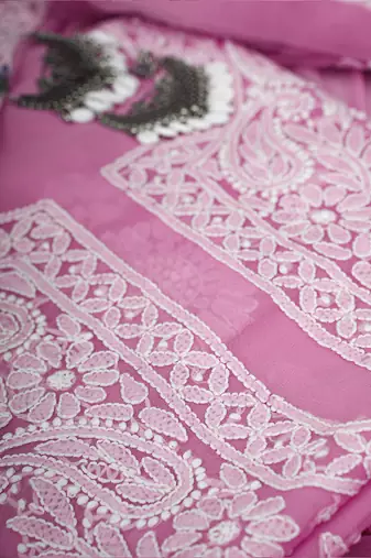 hand embroidered pink georgette lucknowi chikankari unstitched suit piece