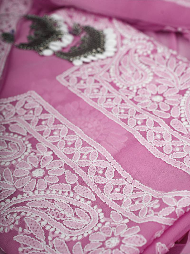 hand embroidered pink georgette lucknowi chikankari unstitched suit piece