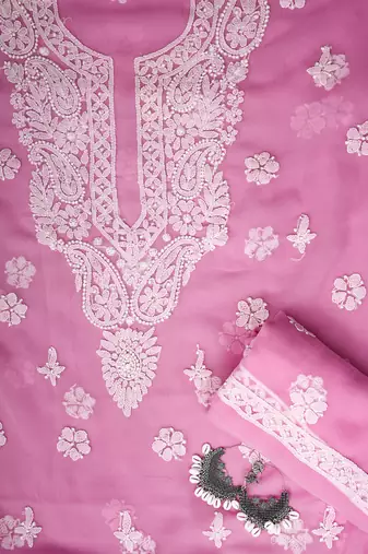 hand embroidered pink georgette lucknowi chikankari unstitched suit piece