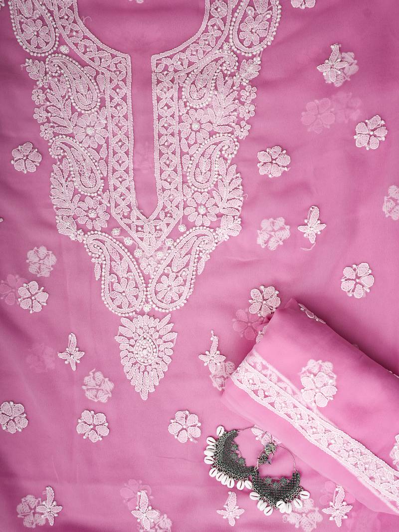hand embroidered pink georgette lucknowi chikankari unstitched suit piece