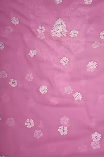 hand embroidered pink georgette lucknowi chikankari unstitched suit piece
