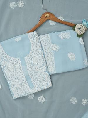 hand embroidered sky blue georgette lucknowi chikankari unstitched suit piece 1