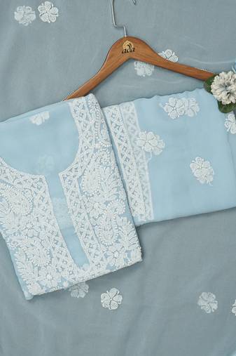hand embroidered sky blue georgette lucknowi chikankari unstitched suit piece