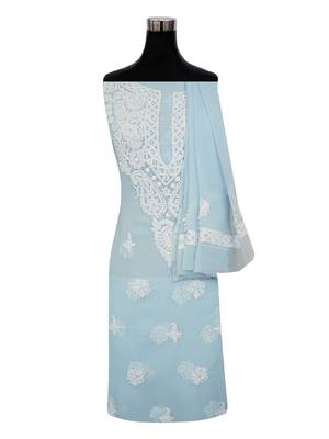 hand embroidered sky blue georgette lucknowi chikankari unstitched suit piece 2