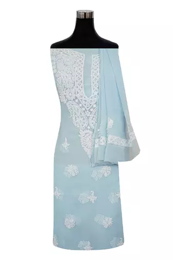 hand embroidered sky blue georgette lucknowi chikankari unstitched suit piece