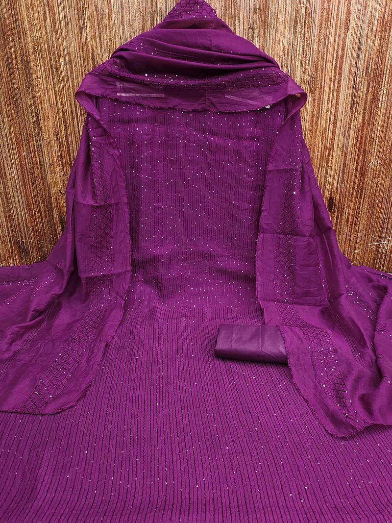 Purple chanderi cross head thread work sequins embellished striped unstitched dress material with dupatta