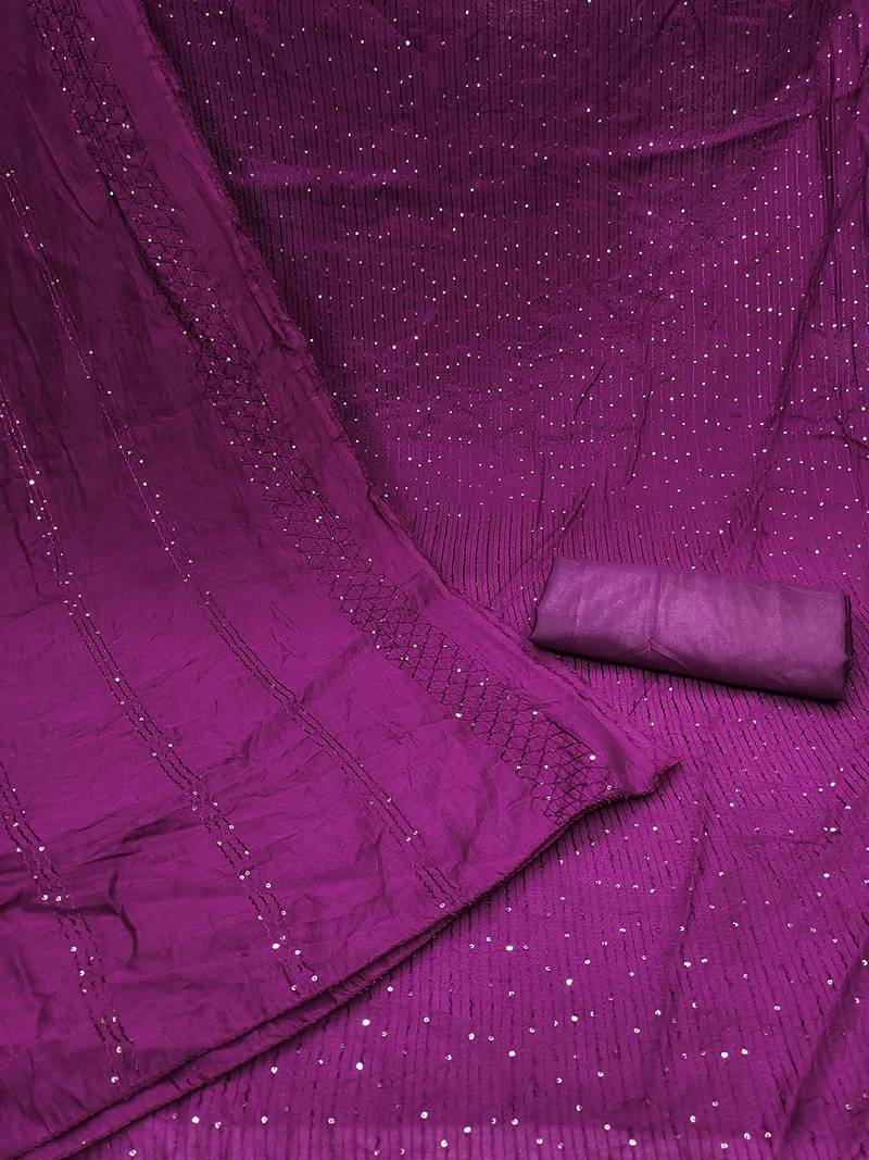 Purple chanderi cross head thread work sequins embellished striped unstitched dress material with dupatta