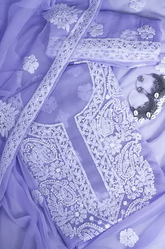 hand embroidered mauve georgette lucknowi chikankari unstitched suit piece