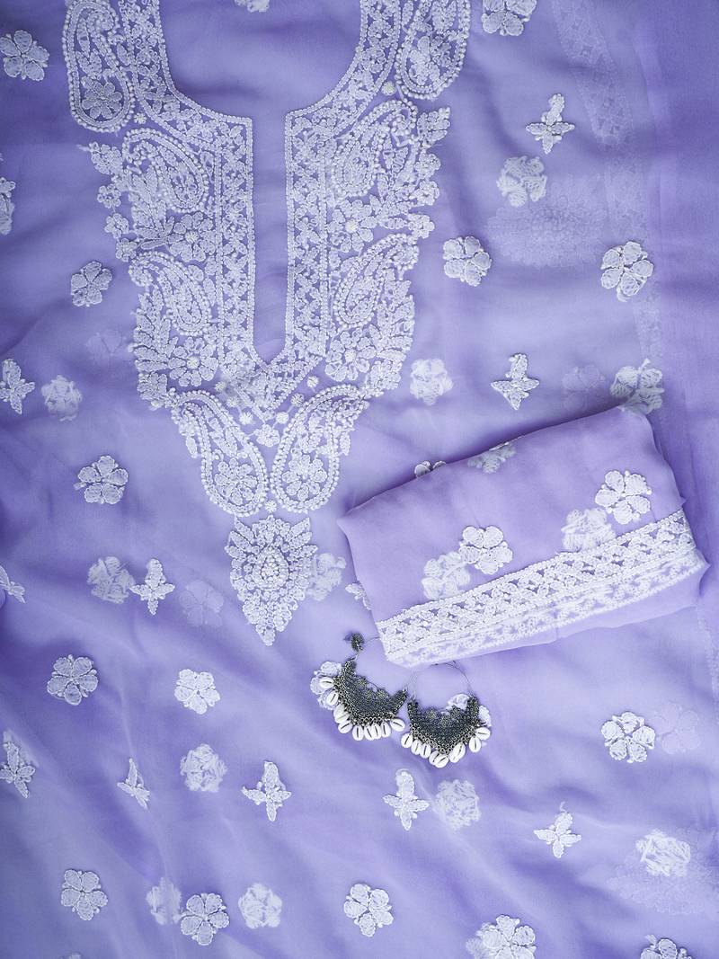 hand embroidered mauve georgette lucknowi chikankari unstitched suit piece