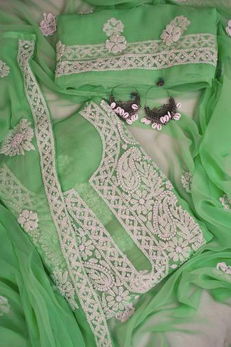 hand embroidered green georgette lucknowi chikankari unstitched suit piece