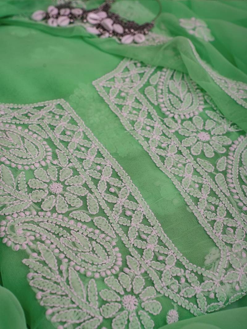 hand embroidered green georgette lucknowi chikankari unstitched suit piece