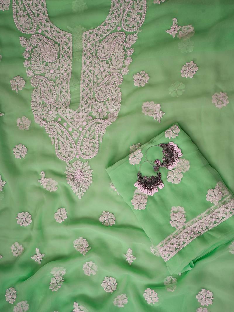 hand embroidered green georgette lucknowi chikankari unstitched suit piece