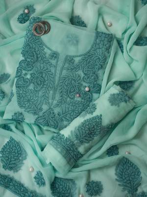 hand embroidered sea green georgette lucknowi chikankari unstitched suit piece  1