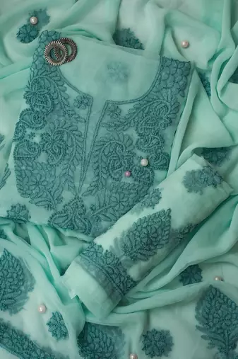 hand embroidered sea green georgette lucknowi chikankari unstitched suit piece 