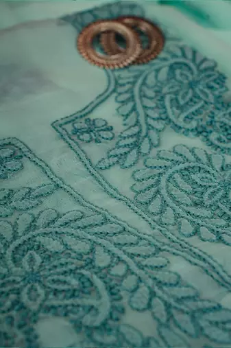 hand embroidered sea green georgette lucknowi chikankari unstitched suit piece 