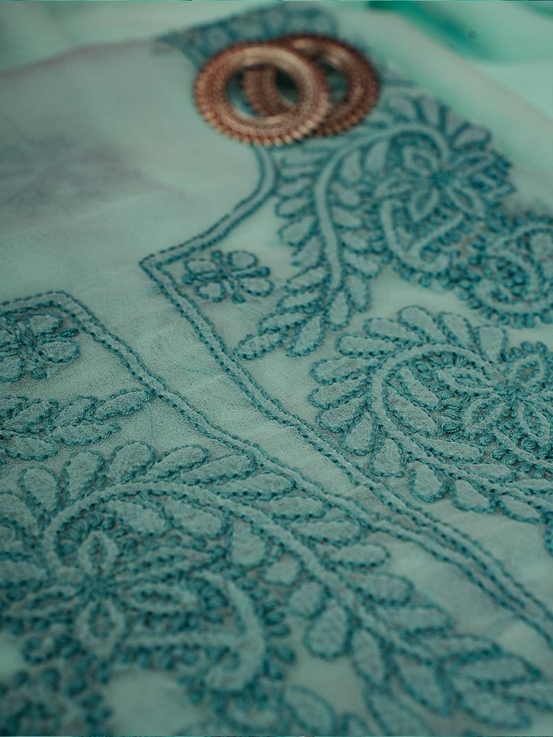 hand embroidered sea green georgette lucknowi chikankari unstitched suit piece 