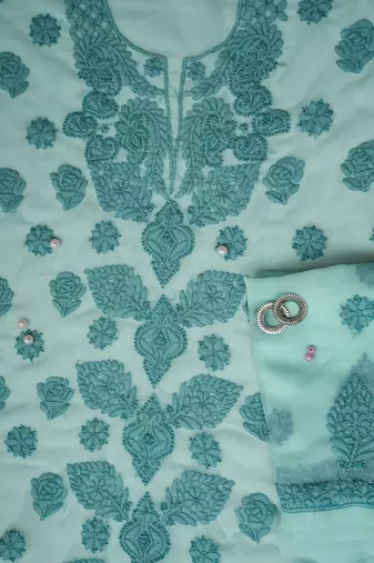 hand embroidered sea green georgette lucknowi chikankari unstitched suit piece 
