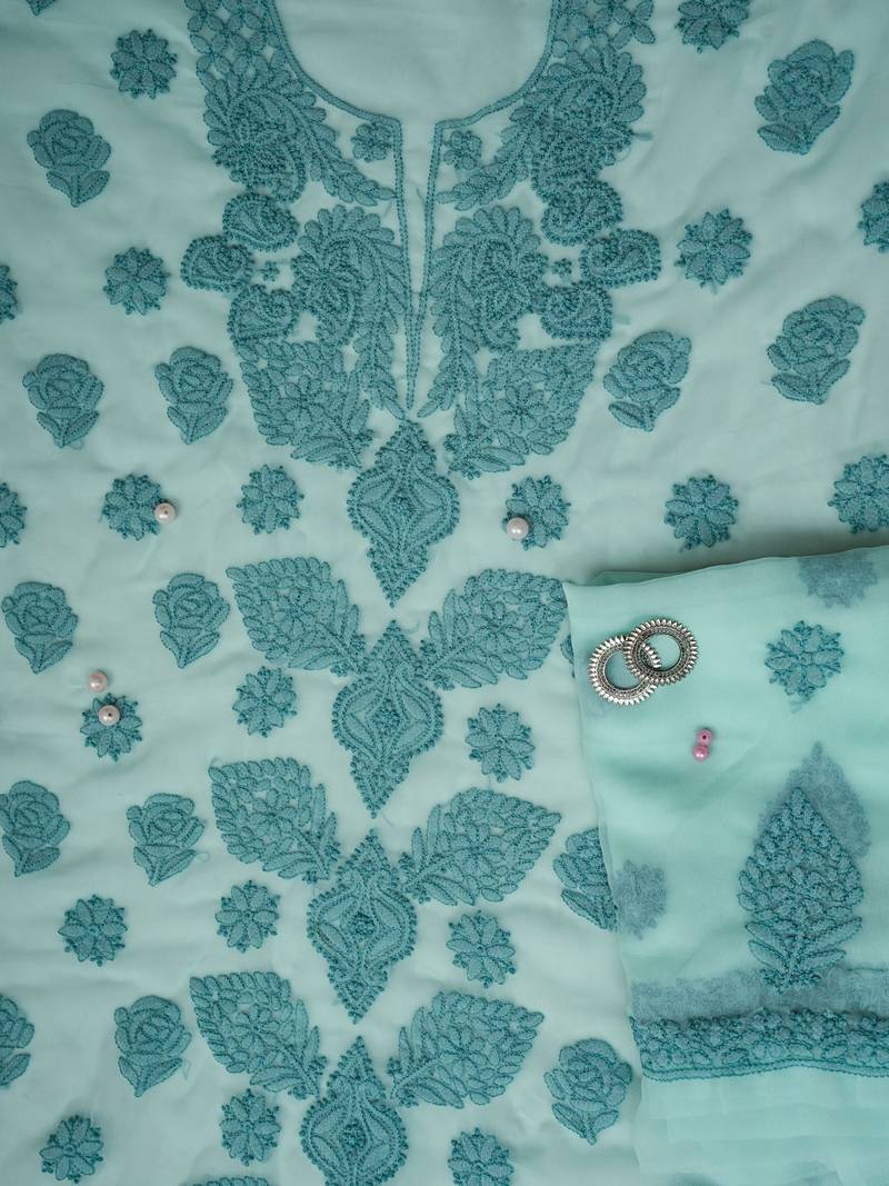 hand embroidered sea green georgette lucknowi chikankari unstitched suit piece 