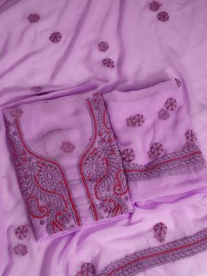 hand embroidered lavender georgette lucknowi chikankari unstitched suit piece  1