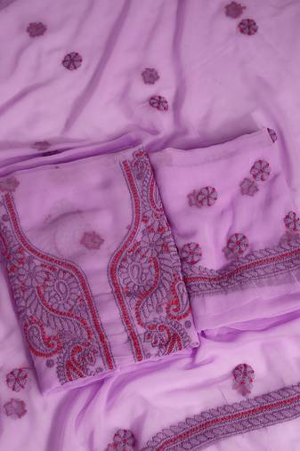 hand embroidered lavender georgette lucknowi chikankari unstitched suit piece 