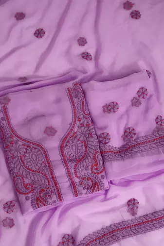 hand embroidered lavender georgette lucknowi chikankari unstitched suit piece 
