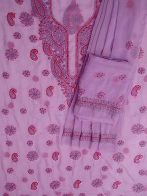 hand embroidered lavender georgette lucknowi chikankari unstitched suit piece  2