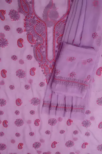 hand embroidered lavender georgette lucknowi chikankari unstitched suit piece 