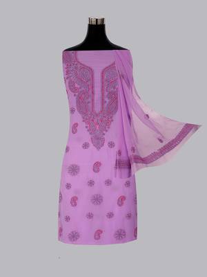 hand embroidered lavender georgette lucknowi chikankari unstitched suit piece  3