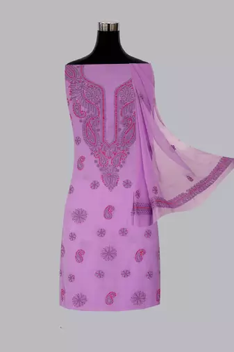 hand embroidered lavender georgette lucknowi chikankari unstitched suit piece 