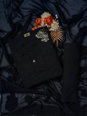 hand embroidered black georgette lucknowi chikankari unstitched suit piece  1
