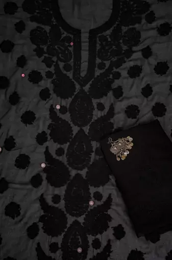 hand embroidered black georgette lucknowi chikankari unstitched suit piece 