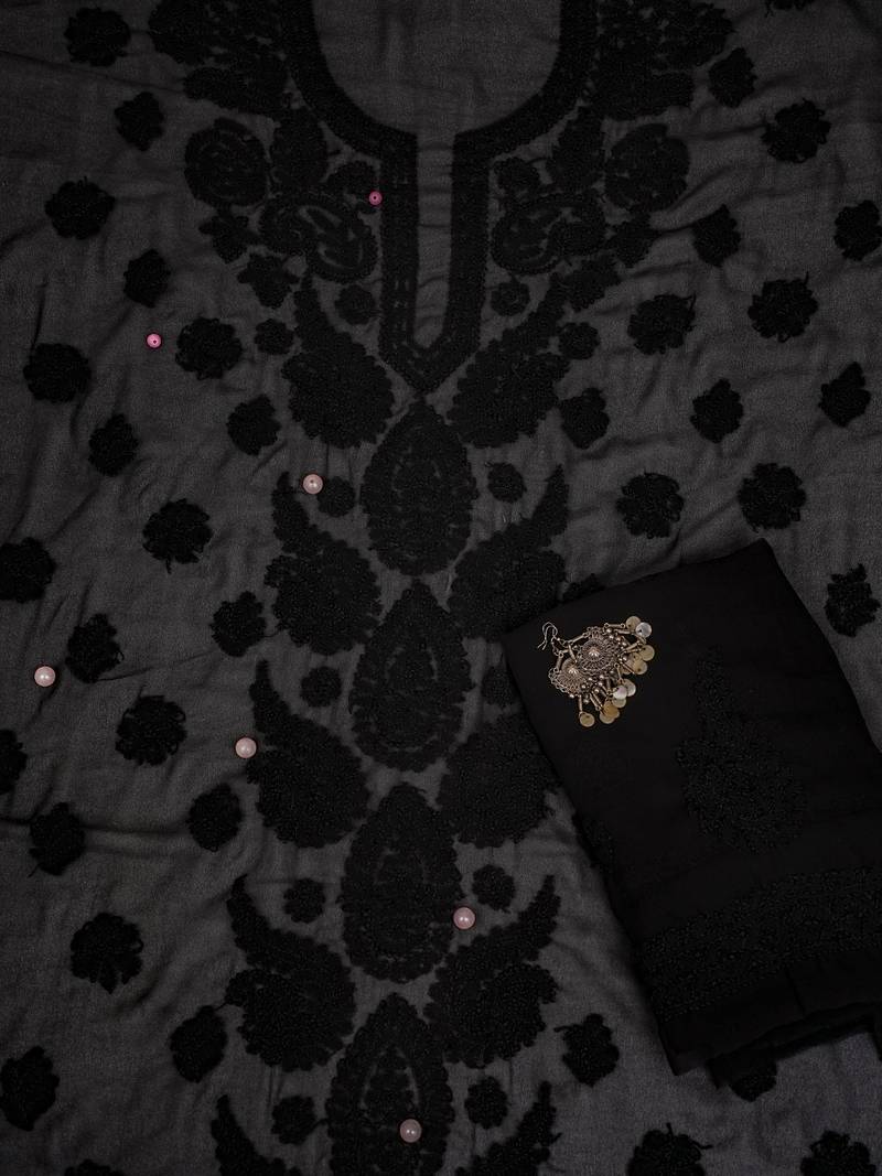 hand embroidered black georgette lucknowi chikankari unstitched suit piece 