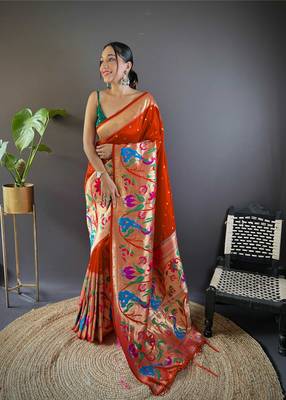 Orange pure soft kanchivaram paithani silk saree and unstitched blouse piece 1