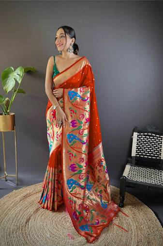 Orange pure soft kanchivaram paithani silk saree and unstitched blouse piece