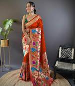 Orange pure soft kanchivaram paithani silk saree and unstitched blouse piece