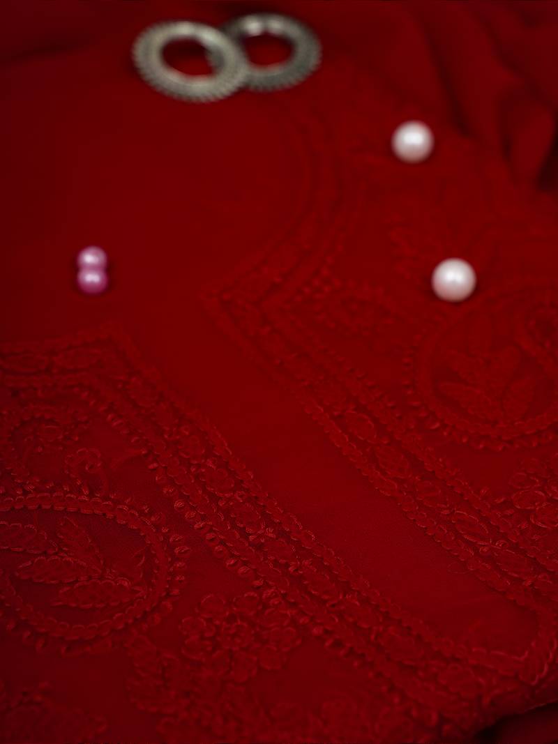 hand embroidered scarlet red georgette lucknowi chikankari unstitched suit piece 
