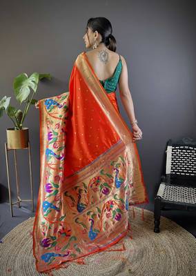 Orange pure soft kanchivaram paithani silk saree and unstitched blouse piece 2
