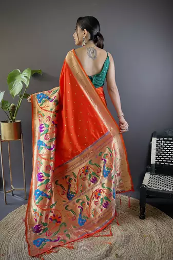 Orange pure soft kanchivaram paithani silk saree and unstitched blouse piece