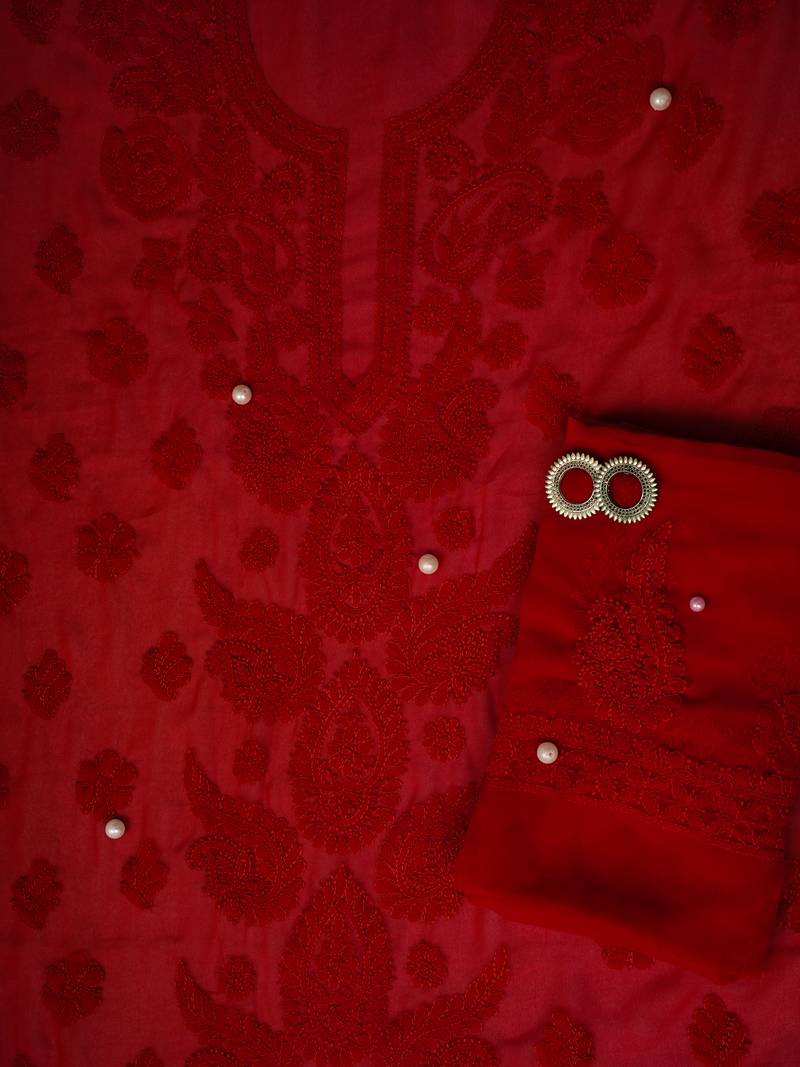 hand embroidered scarlet red georgette lucknowi chikankari unstitched suit piece 