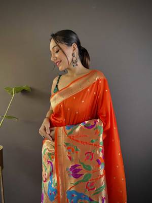 Orange pure soft kanchivaram paithani silk saree and unstitched blouse piece 3