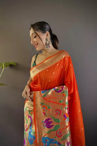 Orange pure soft kanchivaram paithani silk saree and unstitched blouse piece