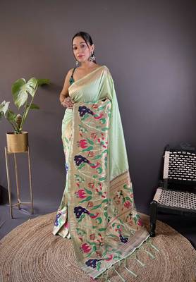 Olive pure soft kanchivaram paithani silk saree and unstitched blouse piece 1