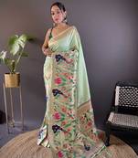 Olive pure soft kanchivaram paithani silk saree and unstitched blouse piece